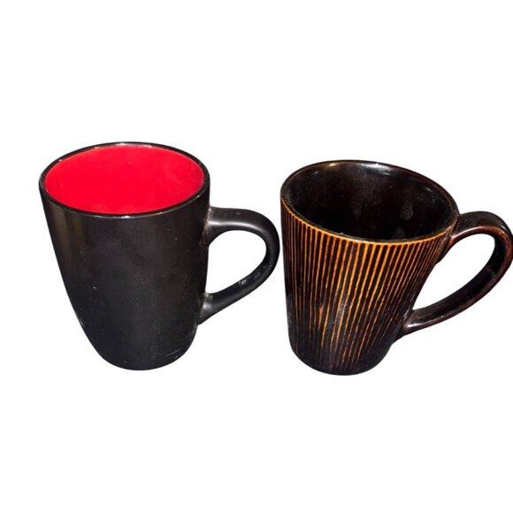 Set Of 3 Ceramic Mugs: Black With Red Dots Black Pinstripe Solid Black - Picture 3 of 11